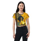 SurArt 83 printed crop tee on model.